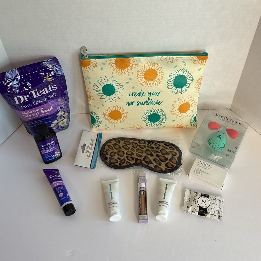 COSMETIC BAG, DR. TEAL’S ITEMS, SLEEP MASK, MAKEUP SPONGES, EYE SHADOW &…